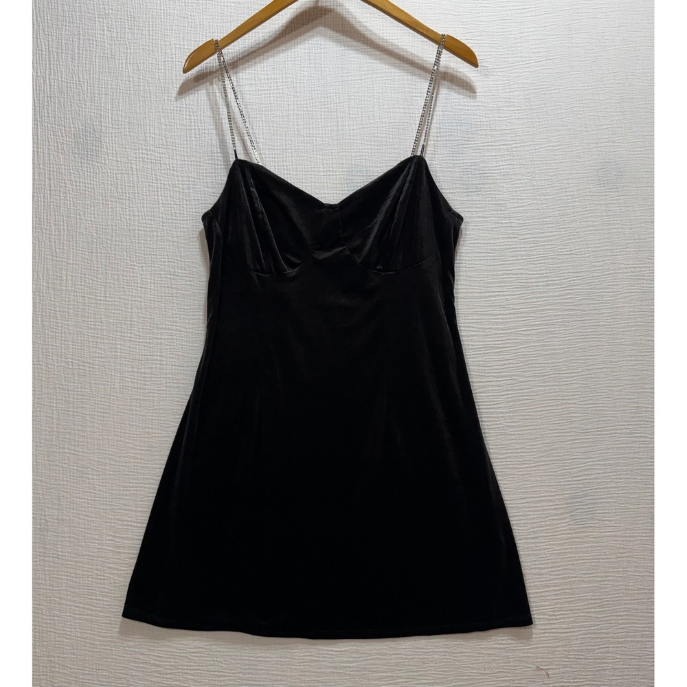 H&M Divided Velvet Mini Dress Womens‎ L Black Rhinestone Chain Strap Goth Party